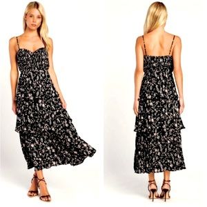 Lulus Cascading Crush Black Floral Tiered Bustier MIDI Dress